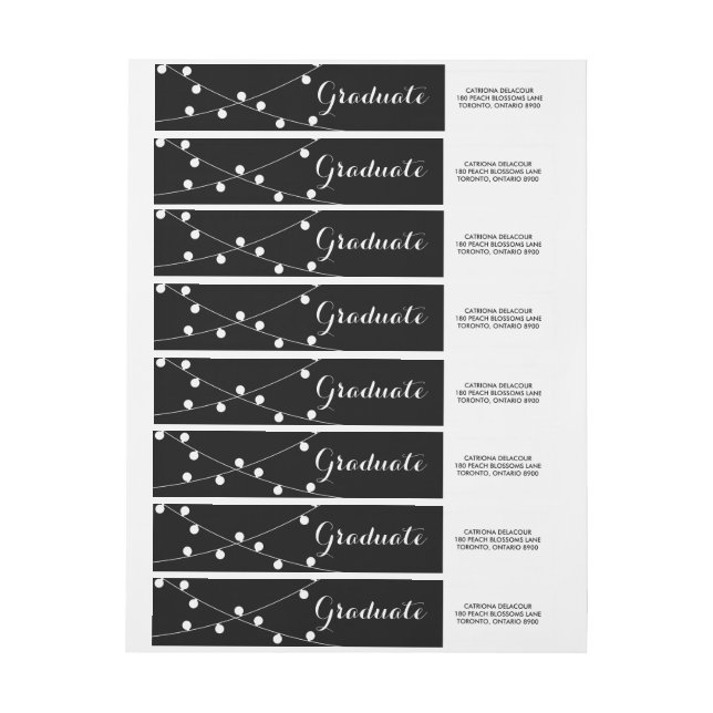 White Fairy Lights | Black Graduation Wrap Around Label (Sheet)