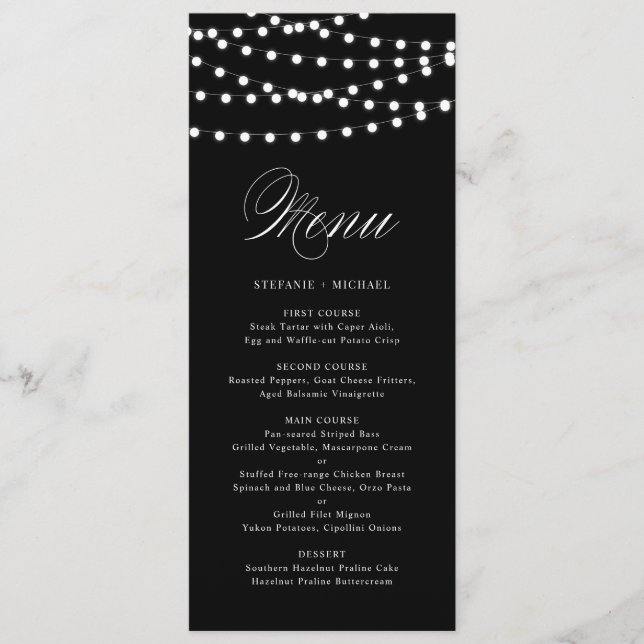 White Fairy Lights | Black Wedding Menu Card (Front)