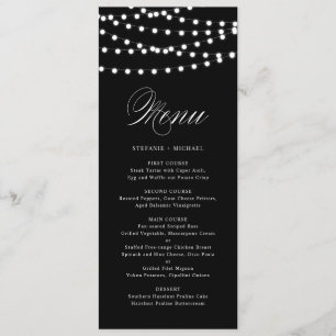 White Fairy Lights Black Wedding Menu Card