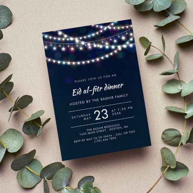 White Fairy Lights Blue Eid al-fitr Dinner Invitation (Creator Uploaded)