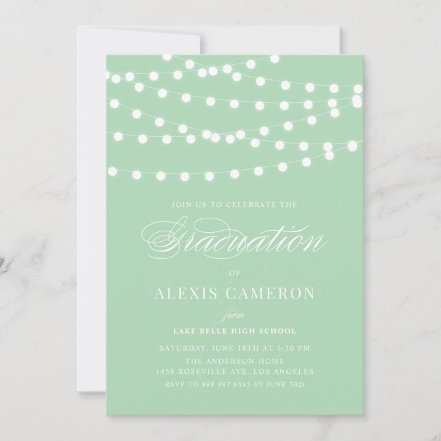 White Fairy Lights Mint Green Graduation Party Invitation (Front)