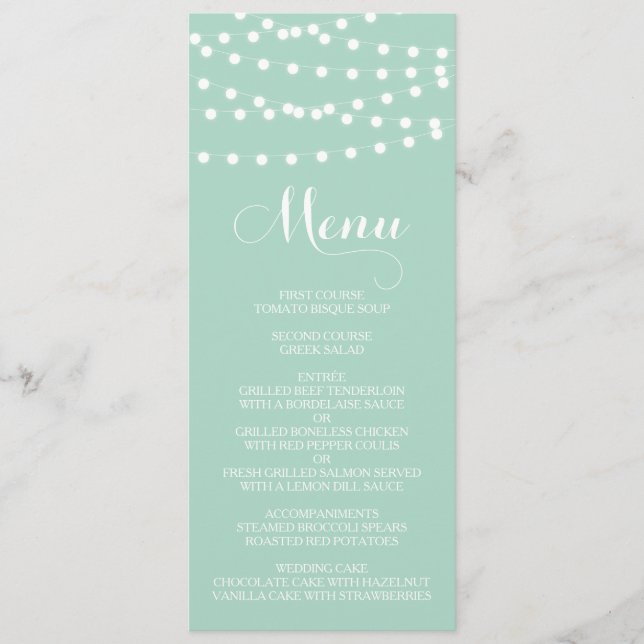 White Fairy Lights | Mint Wedding Menu Card (Front)
