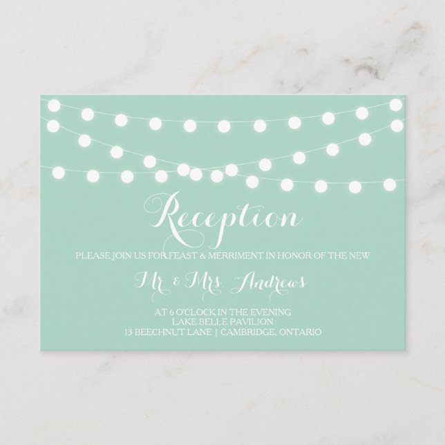 White Fairy Lights | Mint Wedding Reception Card (Front)