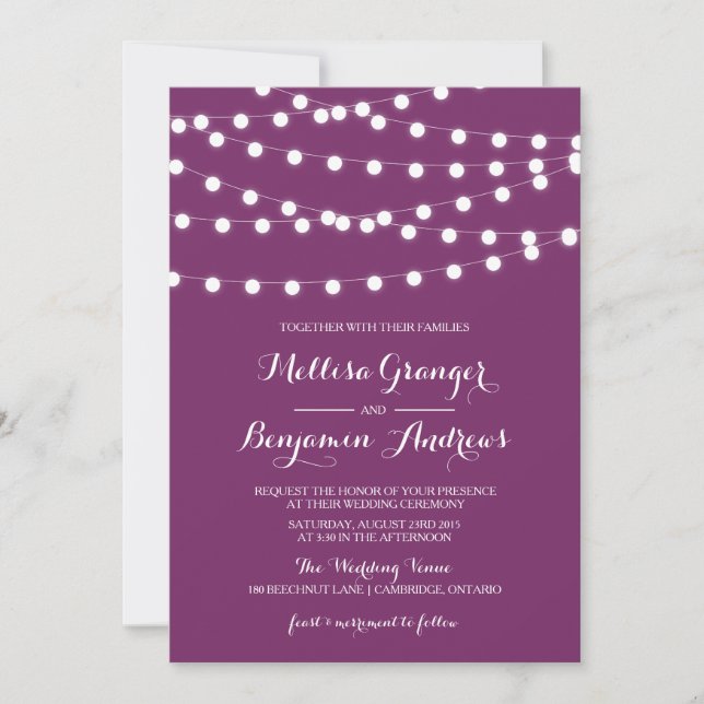 White Fairy Lights | Purple Wedding Invitation (Front)