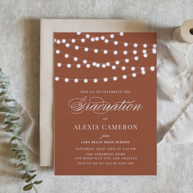 White Fairy Lights Terracotta Graduation Party Invitation (Customizable boho graduation invitation featuring white string lights. Available in other colors.)