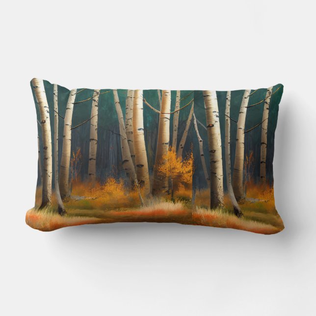 White fall birch trees with autumn leaves lumbar cushion (Front)