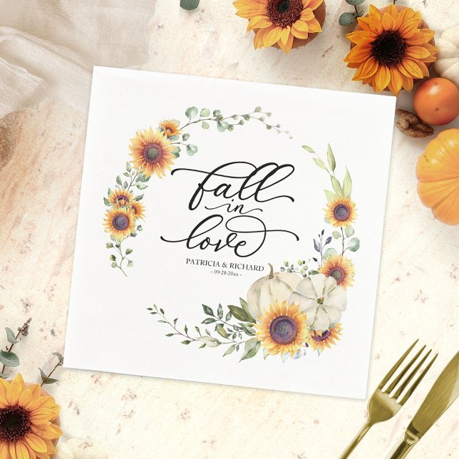 White Fall in Love Pumpkin Sunflower Wedding Napkin (Creator Uploaded)