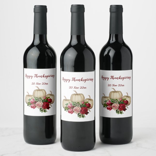 White Fall Pumpkins Rustic Roses Thanksgiving Wine Label (Bottles)