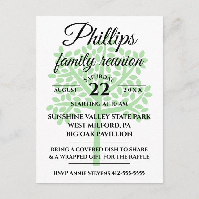 White Family Reunion Green Tree Silhouette Invitation Postcard (Front)