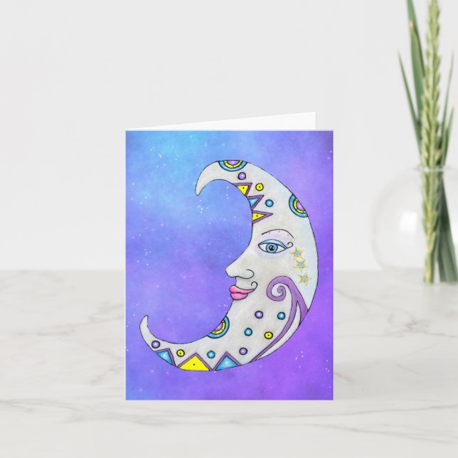 White Fancy Crescent Moon Pretty Face Purple Sky Card (Front)
