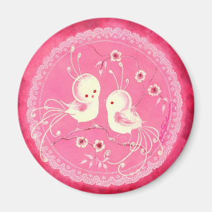 White Fantasy Birds  with Flowers &  Lace Border Magnet