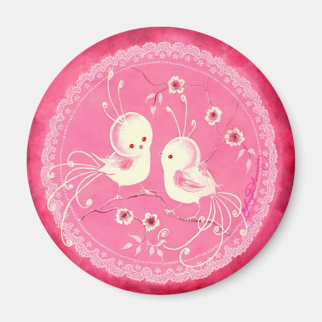 White Fantasy Birds  with Flowers &  Lace Border Magnet (Front)