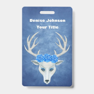 White Fantasy Deer Head Antlers Pretty Roses Blue ID Badge