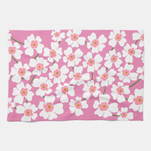 White Fantasy Flower Lover Pattern Pink Tea Towel