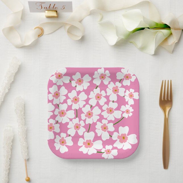 White Fantasy Flower Lover Pattern Pink Wedding    Paper Plate (Wedding)