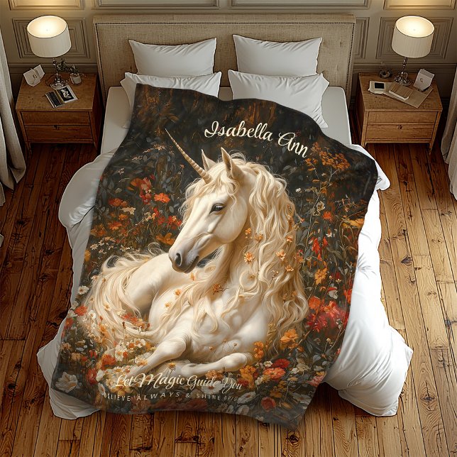White Fantasy Forest Unicorn Laying in the Flowers Fleece Blanket (Creator Uploaded)