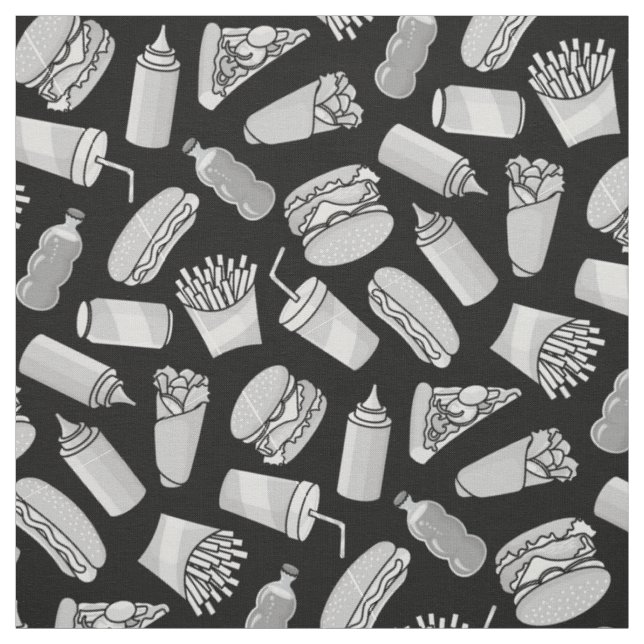 White Fast Food Icons Pattern Fabric (Swatch)