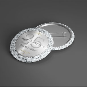 White faux diamonds 25th birthday 10 cm round badge
