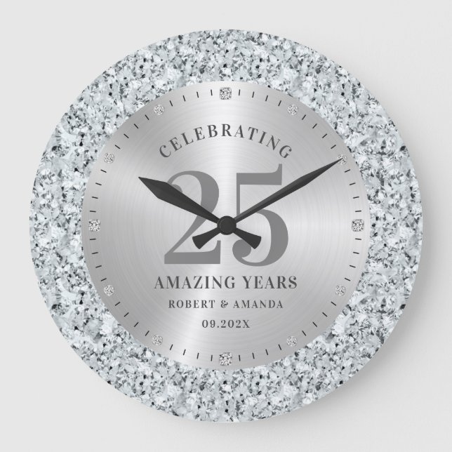 White faux diamonds 25th birthday large clock (Front)