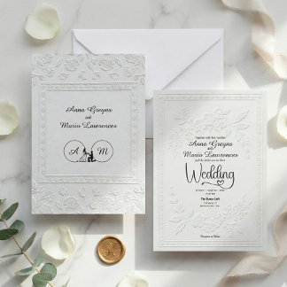 White Faux Embossed Floral Relief Formal Wedding  Invitation