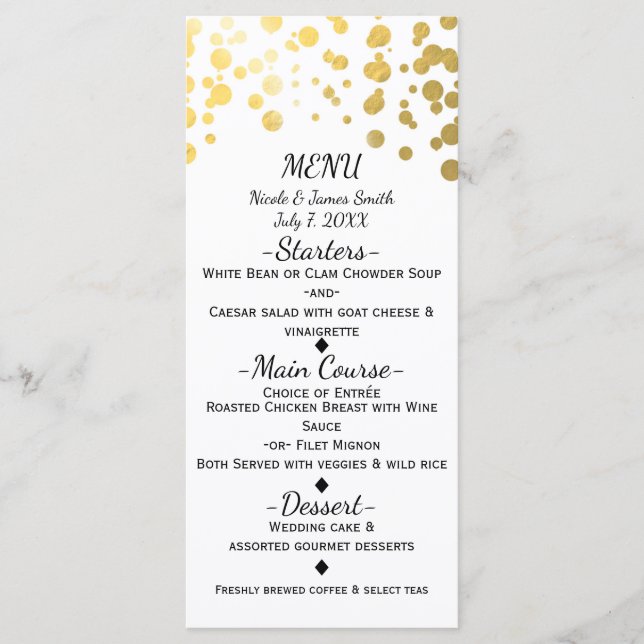 White & Faux Gold Confetti Elegant Menu Card (Front)