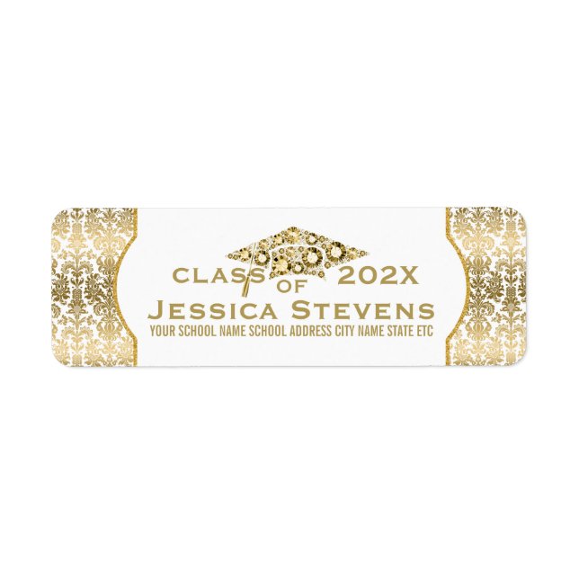 White & Faux Gold Damasks & Glitter Grad Hat Label (Front)