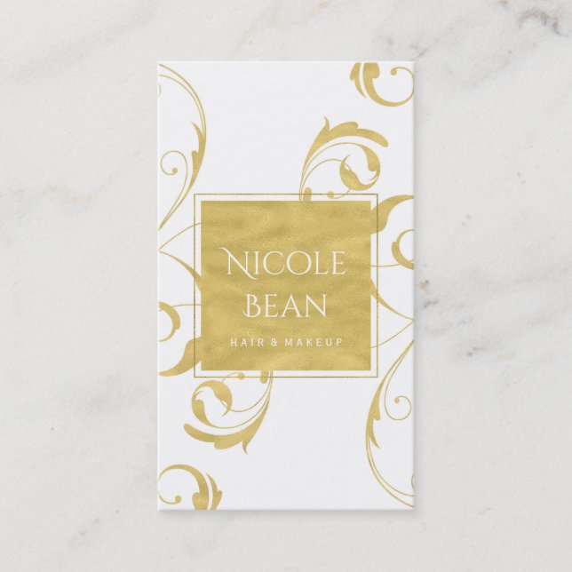 White & Faux Gold Floral Swirl Elegant Business Card (Front)
