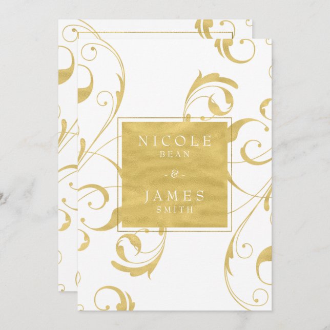 White & Faux Gold Floral Swirl Elegant Wedding Invitation (Front/Back)