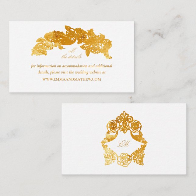 White & Faux Gold Foil Baroque Wedding Website Enclosure Card (Front/Back)