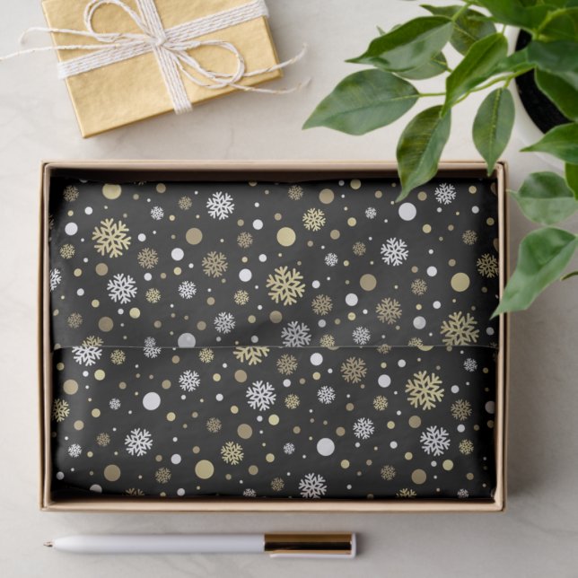 White Faux Gold Snowflakes Polkadots Art On Black Tissue Paper (Gift)