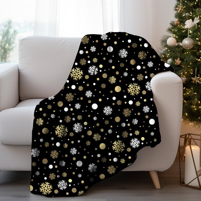 White Faux Gold Snowflakes Polkadots On Black Fleece Blanket (Creator Uploaded)