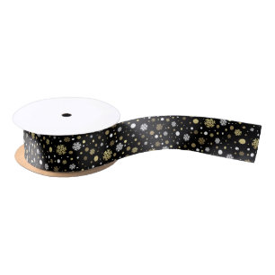White Faux Gold Snowflakes Polkadots On Black Sati Satin Ribbon