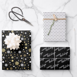White Faux Gold Snowflakes Polkadots On Black Wrapping Paper Sheet