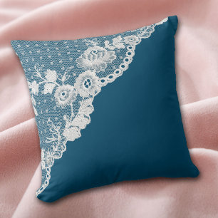 White Faux Lace Corner Cerulean Blue Cushion