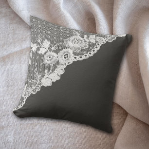 White Faux Lace Corner Charcoal Grey Cushion