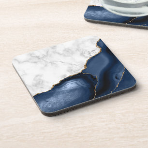 White Faux Marble Gilded Navy Blue Agate Coaster