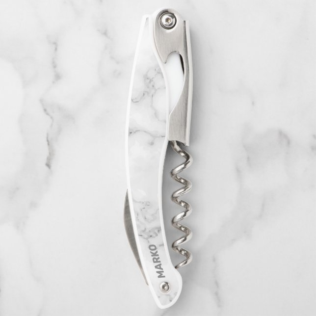 White Faux Marble Monogrammed Corkscrew (Back)
