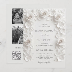 White Faux Relief Roses Frame 3 Photos Wedding Invitation
