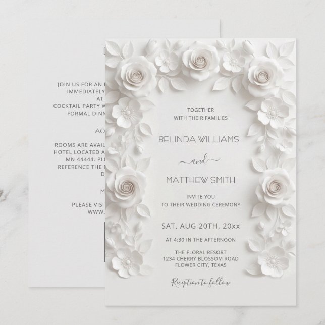 White Faux Relief Roses Frame All-in-One Invitation (Front/Back)