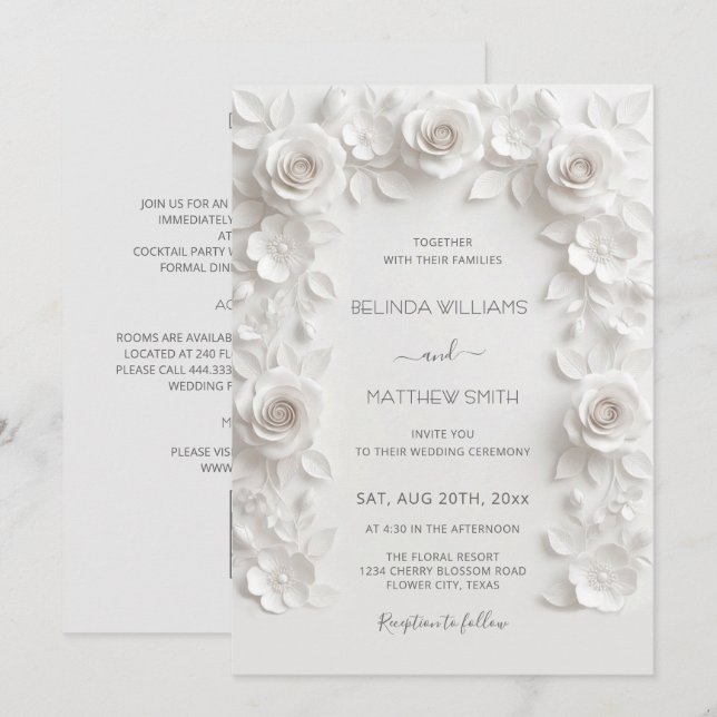White Faux Relief Roses Frame All-in-One Invitation (Front/Back)