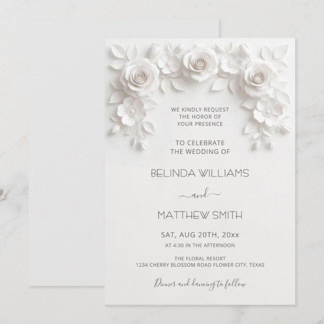 White Faux Relief Roses Frame Wedding Minimalist Invitation (Front/Back)