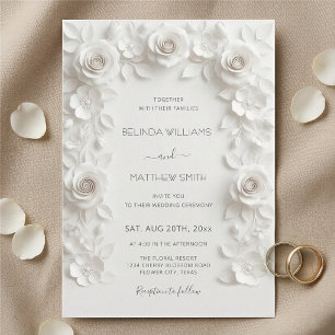 White Faux Relief Roses Frame Wedding Minimalist Invitation