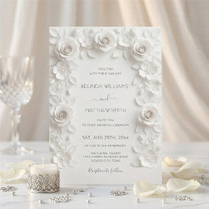 White Faux Relief Roses Frame Wedding Minimalist Invitation