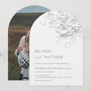 White Faux Relief Roses Photo Casual Wedding Invitation