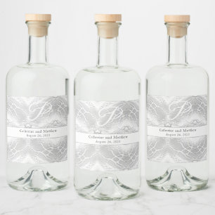 White Faux-Satin Monogrammed Wedding Liquor Bottle Label