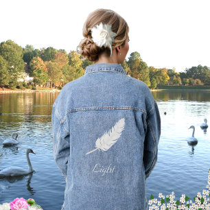 White Feather and Text Denim Jacket