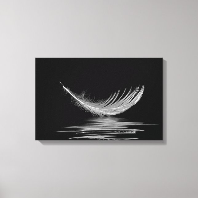white feather floating on black water canvas print (Front)