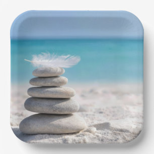 White Feather on a Beach Cairn Paper Plate