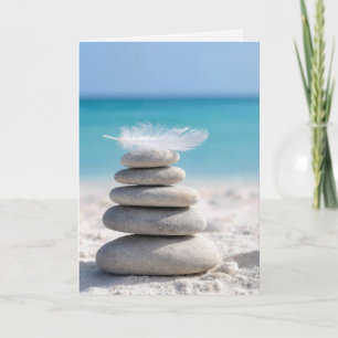 White Feather on a Beach Cairn with Quote Card