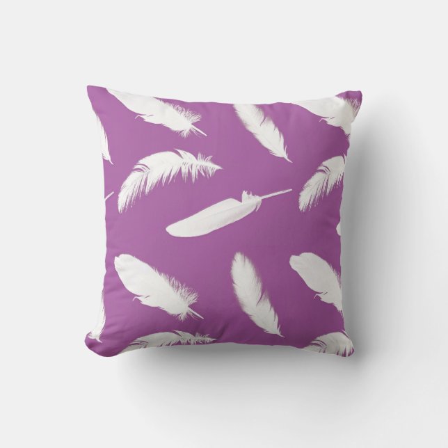 White feather print on amethyst purple cushion (Front)